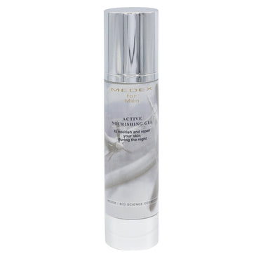 Regenerative and nourishing night gel for men, formulated to reinstate skin's moisture balance.