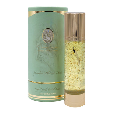 Spécialite "Platine" Dorée is a high-grade facial serum, combining luxurious gold and platinum with oceanic red algae extract and caviar for all skin types.